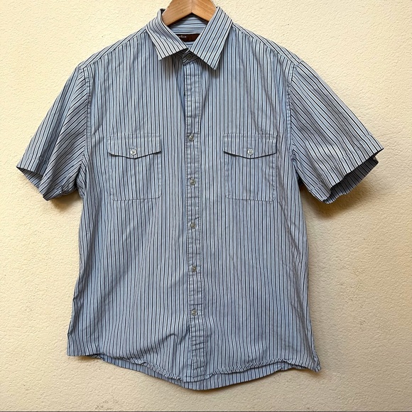 Perry Ellis Blue Grey Striped Button Short Sleeve Shirt O-14 - Picture 1 of 8